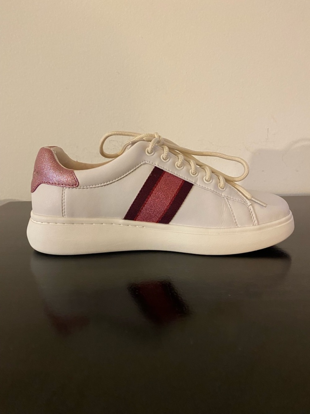 Kate Spade White Leather Sneakers with Pink & Burgundy Stripes - Picture 5 of 11